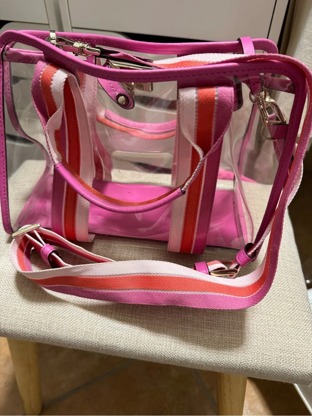 Kate Spade Clear Tote Bag with Pink Trim and Striped Strap